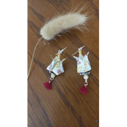Boucles d'oreilles Fleurs de lotus rouge et jaune