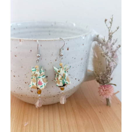 Boucles d'oreilles Fleur de lotus marron et vert