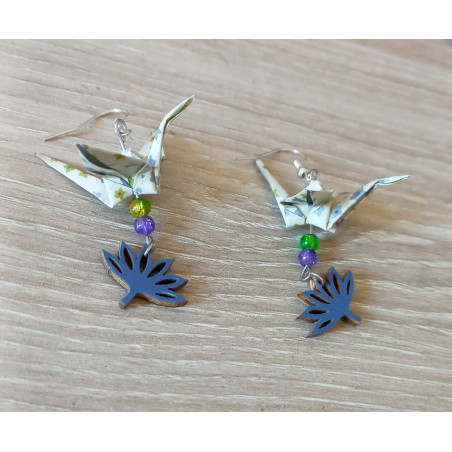 Boucles d'oreilles grue violette et verte
