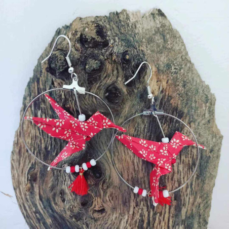 Boucles d'oreilles colibri rouge et blanche