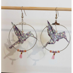 Boucles d'oreilles colibri violet rose et blanc