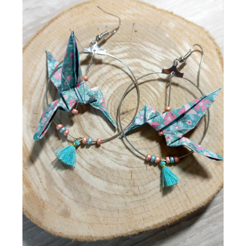 Boucles d'oreilles colibri turquoise fleur rose Boucles d'oreilles colibri turquoise fleur rose