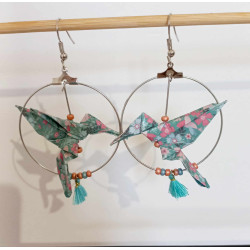 Boucles d'oreilles colibri turquoise fleur rose