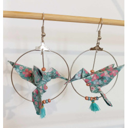 Boucles d'oreilles colibri turquoise fleur rose