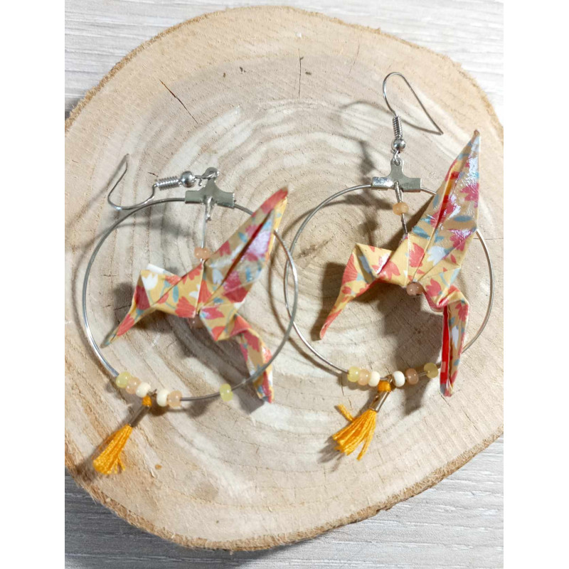 Boucles d'oreilles colibri orange clair fleur orange foncé Boucles d'oreilles colibri orange clair fleur orange foncé