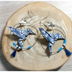 Boucles d'oreilles colibri bleue foncé et blanc