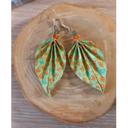 Boucles d'oreilles feuille verte clair fleur orange