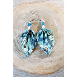 Boucles d'oreilles feuille bleue et  turquoise fleur de cerisier