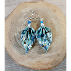 Boucles d'oreilles feuille bleue et  turquoise fleur de cerisier