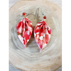 Boucles d'oreilles feuille  rouge fleur de cerisier