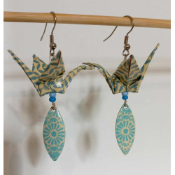 Boucles d'oreilles grue bleu ciel navette losange