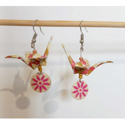 Boucles d'oreilles grue beige ,or et rose