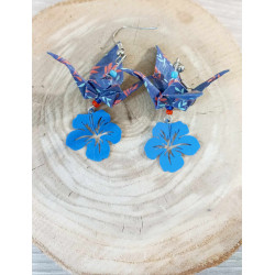 Boucles d'oreilles grue bleue fleur d'hibiscus