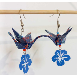 Boucles d'oreilles grue bleue fleur d'hibiscus