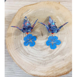 Boucles d'oreilles grue bleue fleur d'hibiscus
