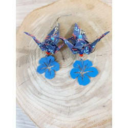 Boucles d'oreilles grue bleue fleur d'hibiscus