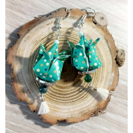 Boucles d'oreilles Fleur de lotus verte point  jaune