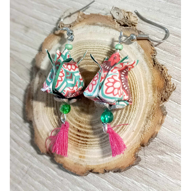 Boucles d'oreilles Fleur de lotus vert foncé motif rose Boucles d'oreilles Fleur de lotus vert foncé motif rose