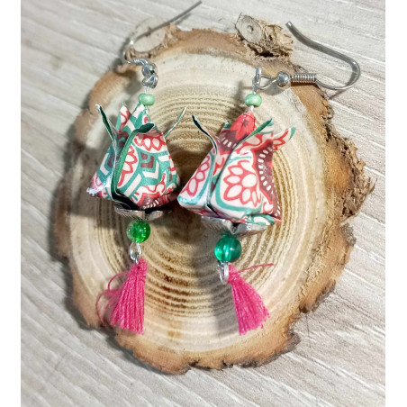 Boucles d'oreilles Fleur de lotus vert foncé motif rose