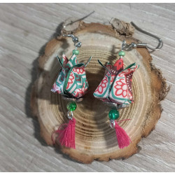 Boucles d'oreilles Fleur de lotus vert foncé motif rose