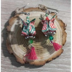 Boucles d'oreilles Fleur de lotus vert foncé motif rose