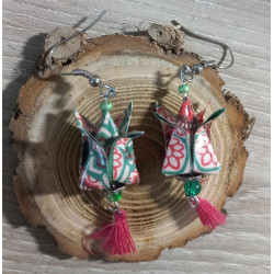 Boucles d'oreilles Fleur de lotus vert foncé motif rose