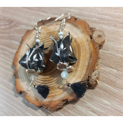 Boucles d'oreilles Fleur de lotus noire feuille blanche