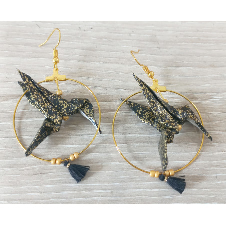Boucles d'oreilles colibri noir et doré