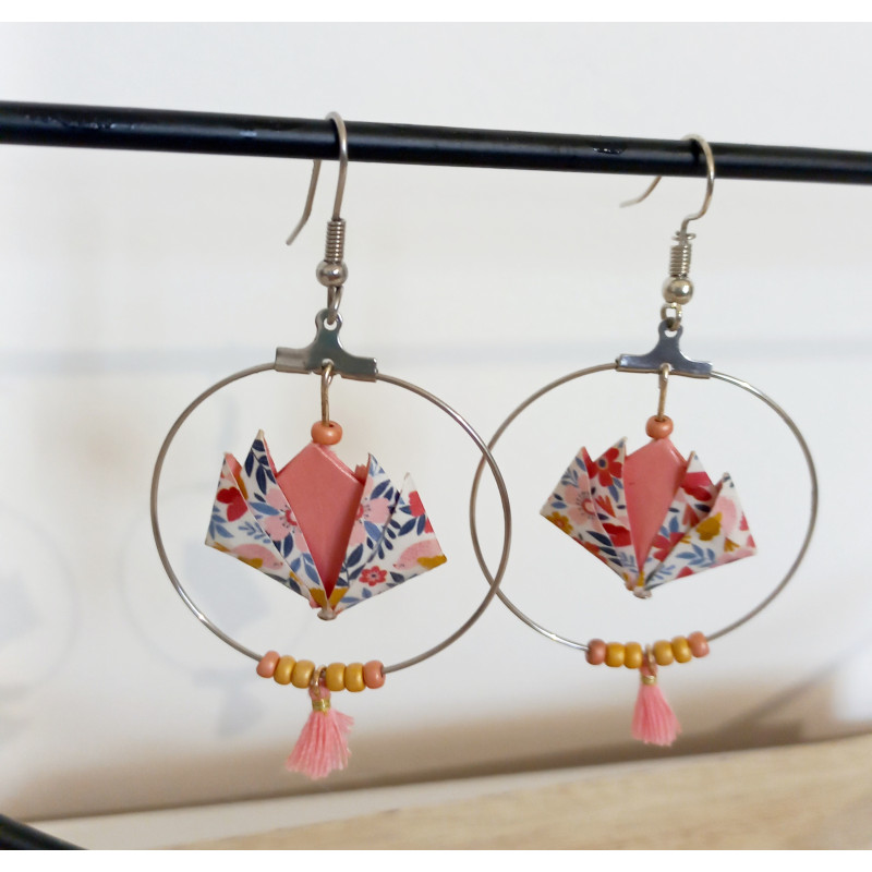 Boucles d'oreilles nénuphar rose fleurs multicolores