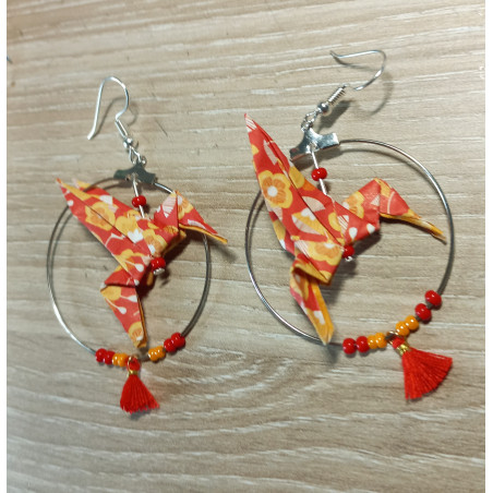 Boucles d'oreilles colibri rouge et orange